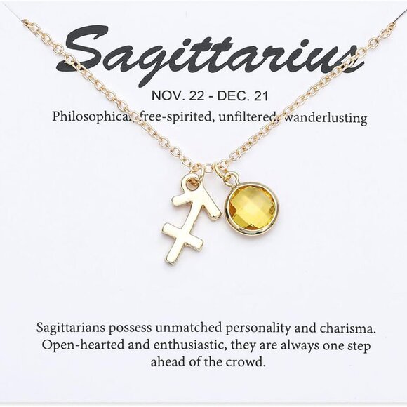 14k Gold Plated Zodiac Birthstone Crystal Pendant Necklace, Horoscope Sign Charm - Picture 1 of 7